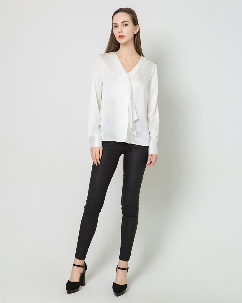 Silk V-Neck Tie Blouse, White