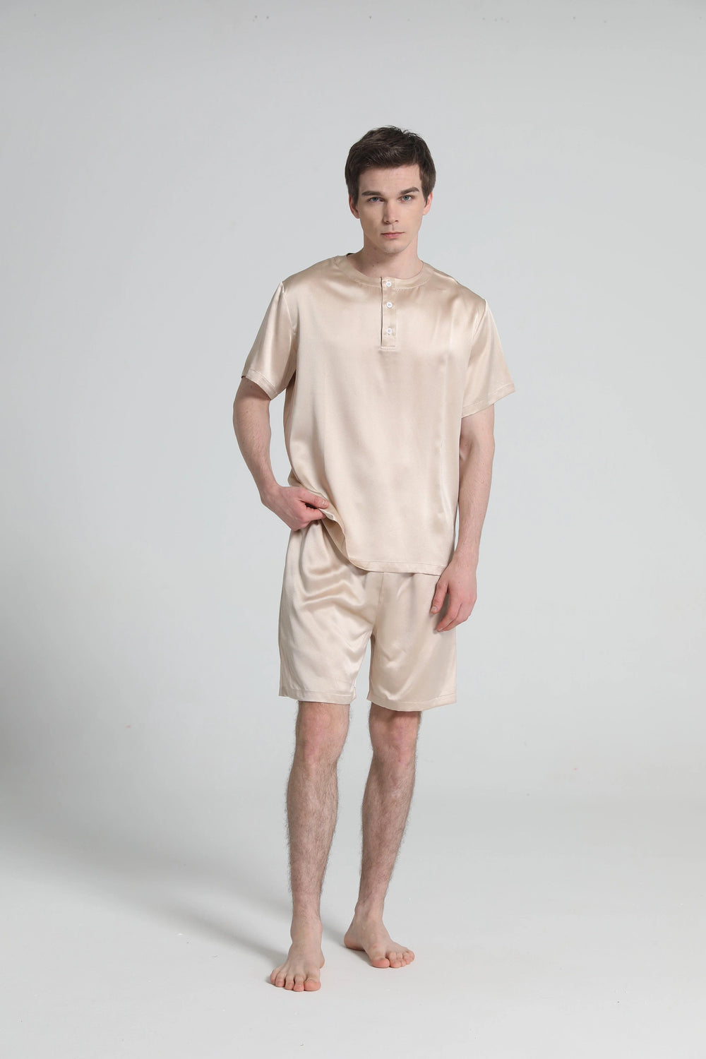 Simple Crew Neck Short Pajamas Set for men, Champagne