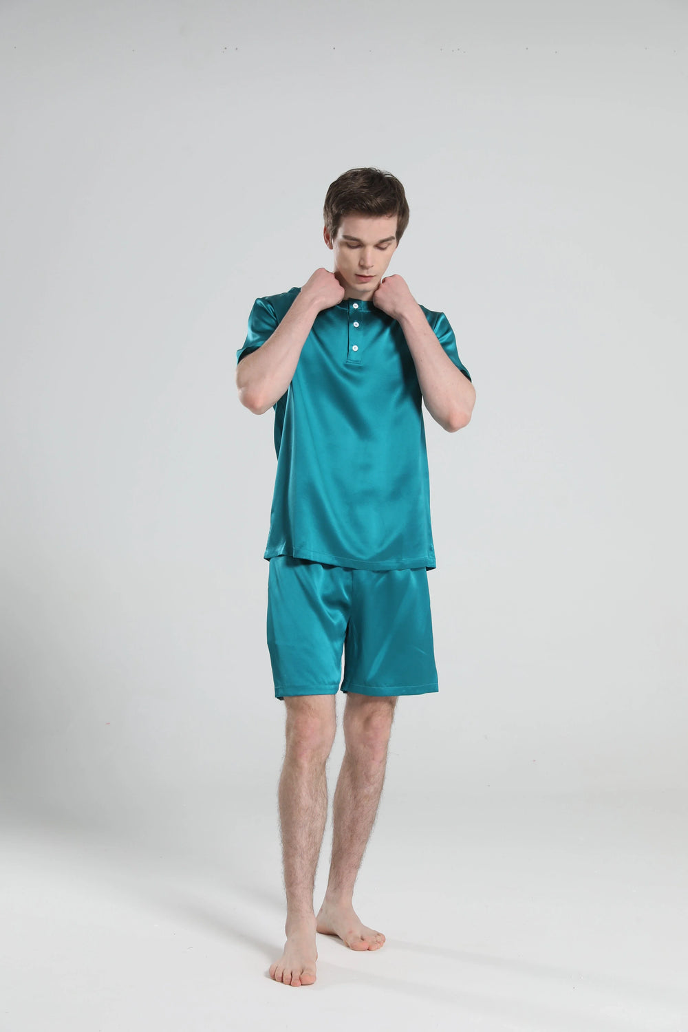 Simple Crew Neck Short Pajamas Set for men, Peacock Blue