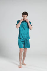 Simple Crew Neck Short Pajamas Set for men, Peacock Blue