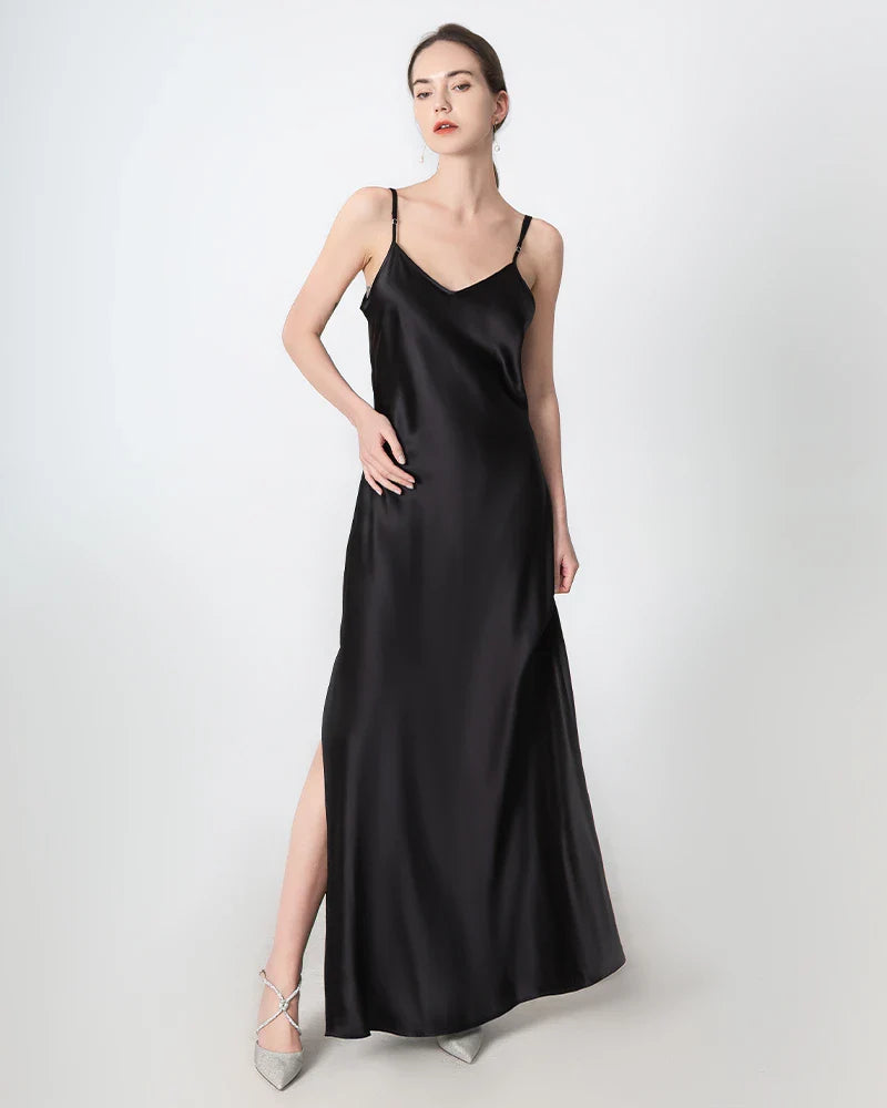 v neck silk maxi dress SilkSilky 100% Mulberry Silk Spaghetti Strap Deep V Neck Midi Dress with V-Back Design, Brown / XL