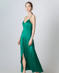 V Neck Backless Wrap Maxi Silk Dress, Dark Green