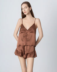 V-neck Front Open Camisole Silk Pajama Set