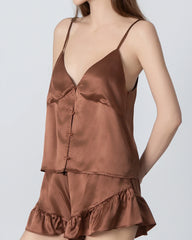 V-neck Front Open Camisole Silk Pajama Set