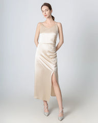 V-neck Pleated Slit Maxi Silk Dress