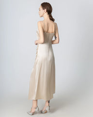 V-neck Pleated Slit Maxi Silk Dress