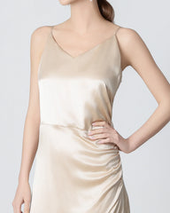 V-neck Pleated Slit Maxi Silk Dress