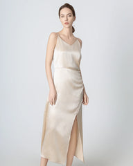 V-neck Pleated Slit Maxi Silk Dress