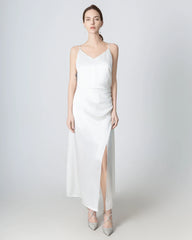 V-neck Pleated Slit Maxi Silk Dress