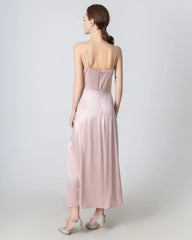 V-neck Pleated Slit Maxi Silk Dress