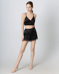 Women Black Silk Pajama Shorts with Lace Trim