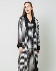 Women's Silk Satin Black And White Striped Long Robe
