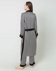 Women's Silk Satin Black And White Striped Long Robe