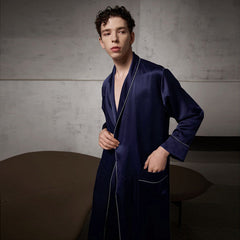 Pure Silk Contrast Piping Belted Robe And Pants Set