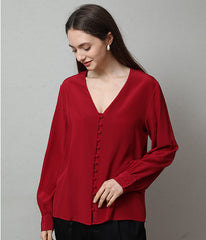 Deep V-Neck Long Sleeve Silk Blouse