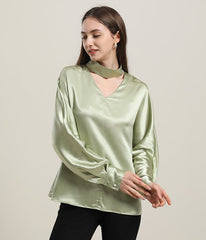 V-Neck Lantern Sleeve Silk Blouse