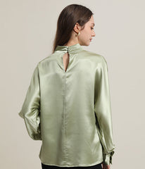 V-Neck Lantern Sleeve Silk Blouse