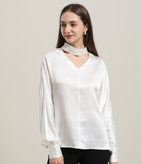 V-Neck Lantern Sleeve Silk Blouse