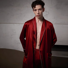 Pure Silk Contrast Piping Belted Robe And Pants Set