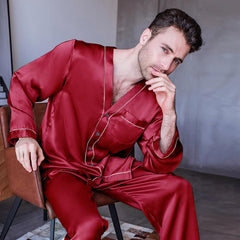 Pure Silk Men's V Neck Pajama Set