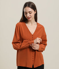 Deep V-Neck Long Sleeve Silk Blouse