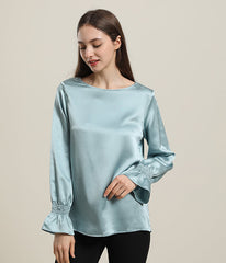 Long Sleeve Ruffle Cuffs Silk Blouse
