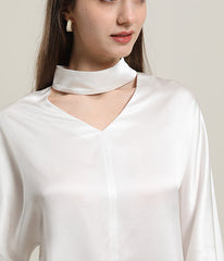 V-Neck Lantern Sleeve Silk Blouse