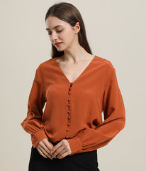 Deep V-Neck Long Sleeve Silk Blouse