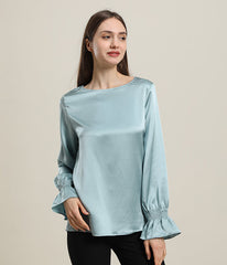 Long Sleeve Ruffle Cuffs Silk Blouse