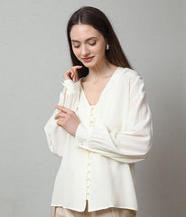 Deep V-Neck Long Sleeve Silk Blouse