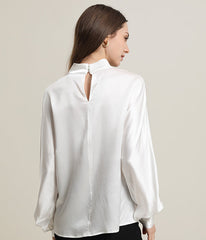 V-Neck Lantern Sleeve Silk Blouse