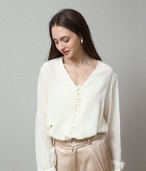 Deep V-Neck Long Sleeve Silk Blouse