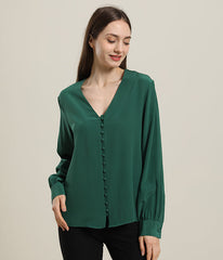 Deep V-Neck Long Sleeve Silk Blouse