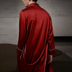 Pure Silk Contrast Piping Belted Robe And Pants Set