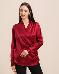 Long-Sleeve V-Neck Wrap Silk Shirt