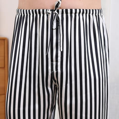 Men Silk Pajamas Set White Stripe Style