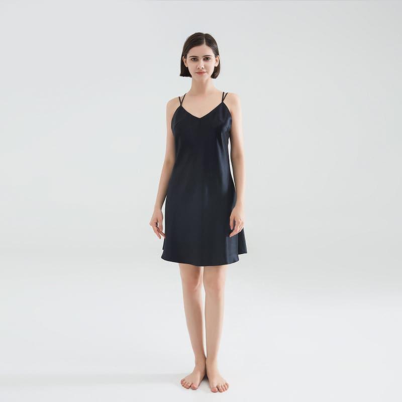 Classic Short Silk Nightgown Sleepwear, Black