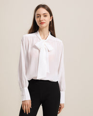 Bow Tie Ruched Silk Blouse, White