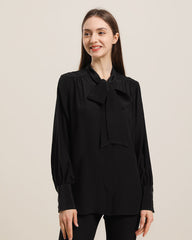 Bow Tie Ruched Silk Blouse, Black