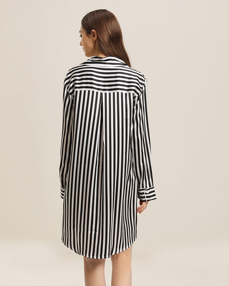Stripe Silk Nightshirt Sleepwear, Black and White