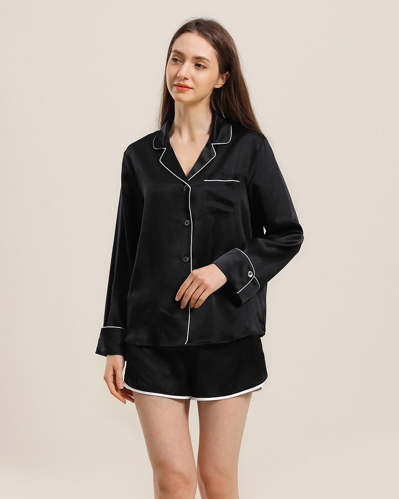 Relax Silk Shirt Shorts Pajamas Set, Black