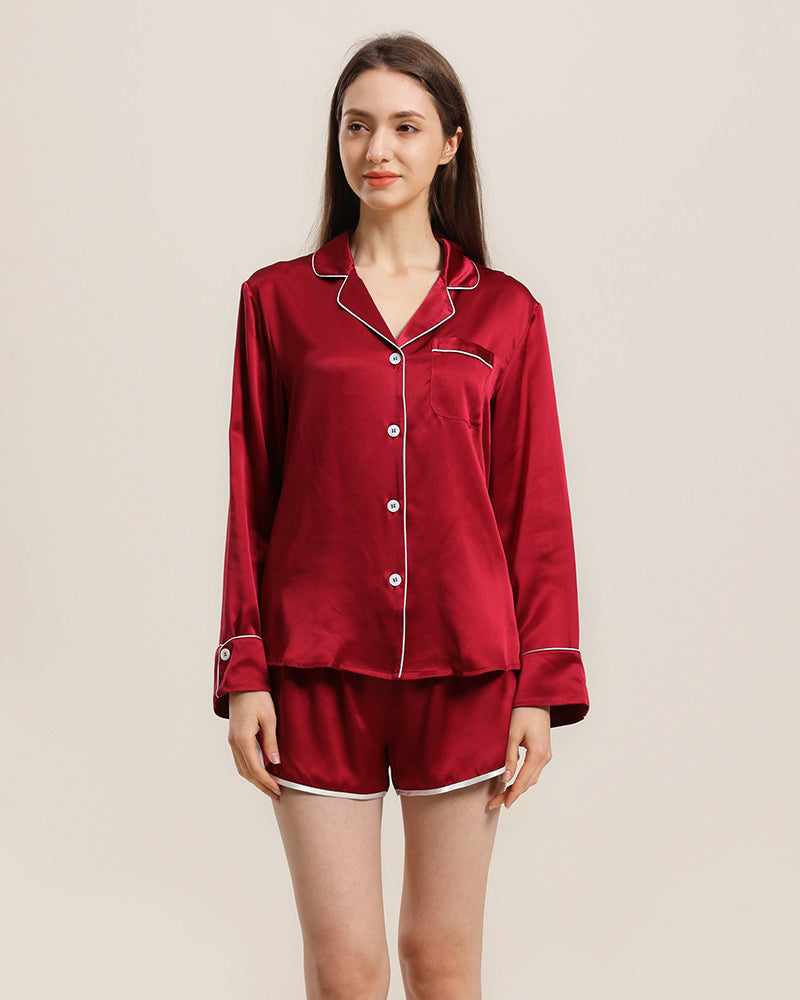 Relax Silk Shirt Shorts Pajamas Set, Red