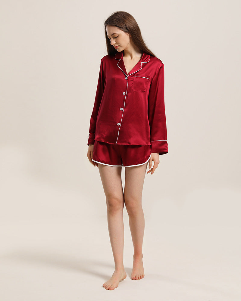 Relax Silk Shirt Shorts Pajamas Set, Red