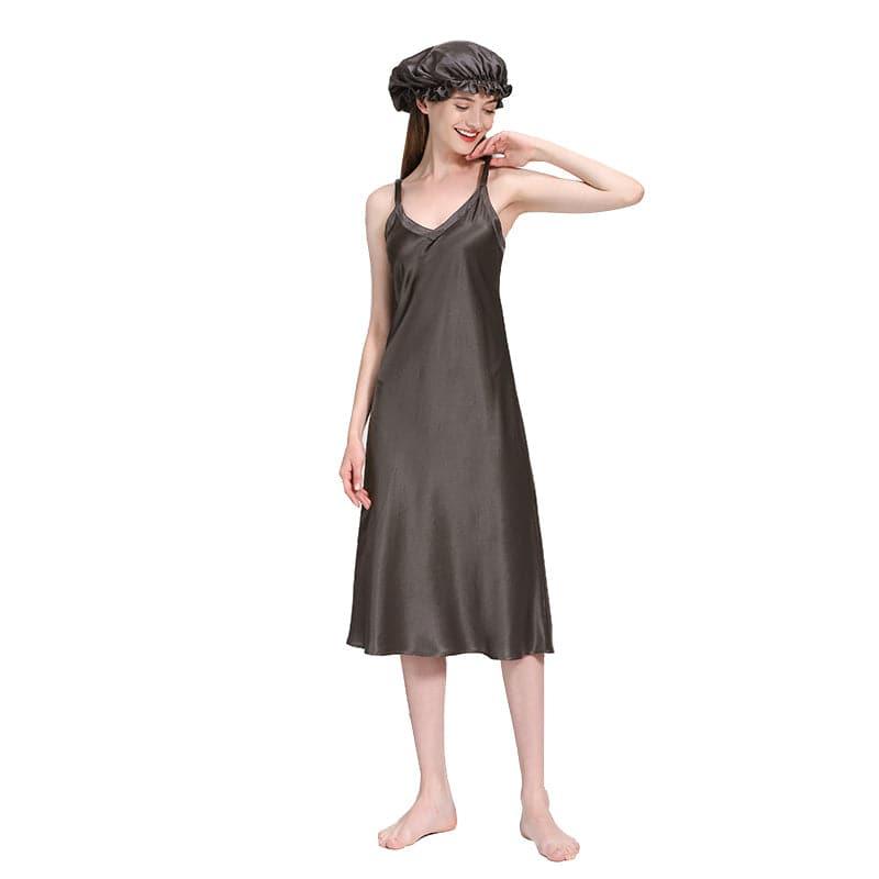 Womens Long Silk Nightgown, Dark Grey