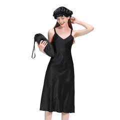 Womens Long Silk Nightgown, Black