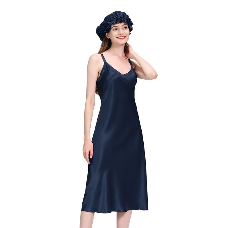Womens Long Silk Nightgown, Navy