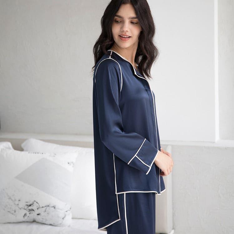 Women's Round Neck Silk Pajama Set, Navy