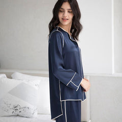 Women's Round Neck Silk Pajama Set, Navy