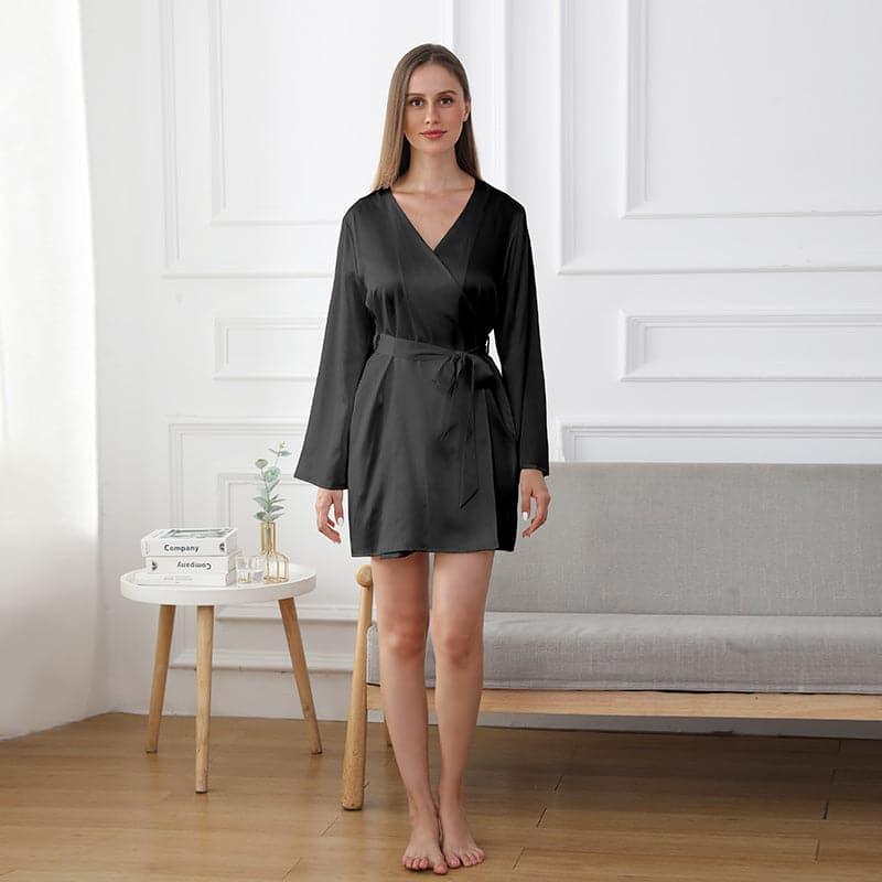 Women's Washable Silk Short Robe, Black