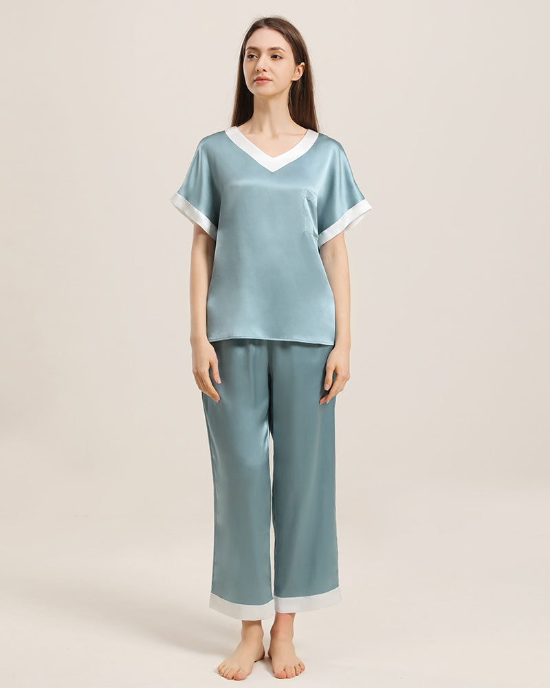 V Neck Pullover Silk Pajama Set